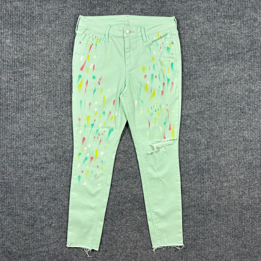 Old Navy Rockstar Womens Ankle Jeans 10 Mint Paint Splatter Distressed Mid Rise